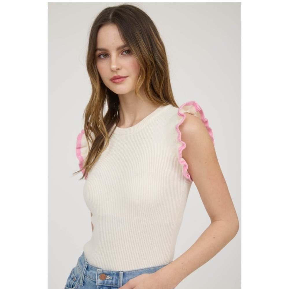 Cream with Pink Edge Ruffle Top - Picture 3 of 6